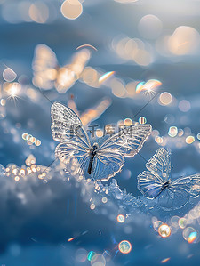 干净插画图片_冰蓝色蝴蝶在干净的雪地上原创插画