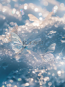 雪海报插画图片_冰蓝色蝴蝶在干净的雪地上插画海报