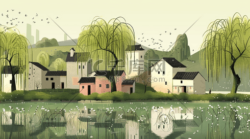 春天绿色江南风景风光河边树木的插画10