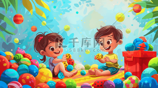 儿童画画插画图片_彩色卡通儿童一起玩玩具的插画15