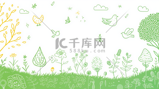 盆地简笔插画图片_简约绿色平面设计花草动物的插画1