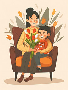 妈妈抱着一束鲜花和孩子原创插画