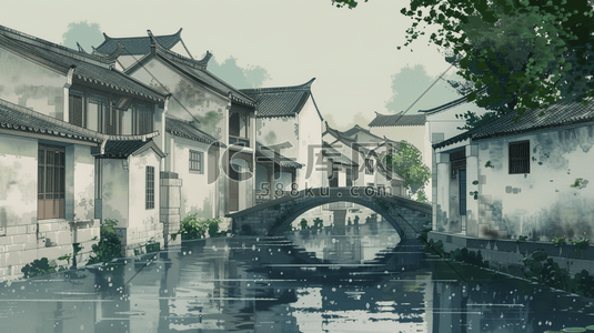 龚滩古镇插画图片_江南古镇建筑春景插画4