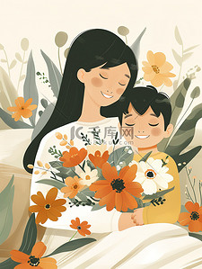 抱孩子插画图片_妈妈抱着一束鲜花和孩子插画海报