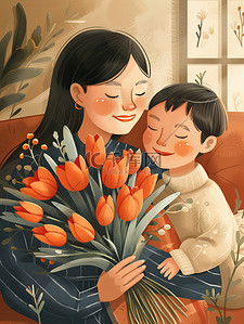 妈妈抱着一束鲜花和孩子插画设计