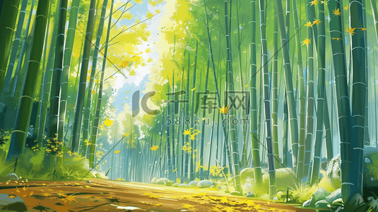春天森林里竹子道路风景风光的插画6