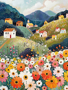 乡村的花和房子春天插画图片