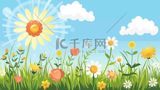 阳光草坪插画图片_春天阳光蓝天白云下树木花朵河流的插画1
