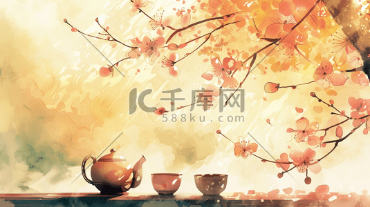 彩色国画艺术风格树枝茶壶的插画2