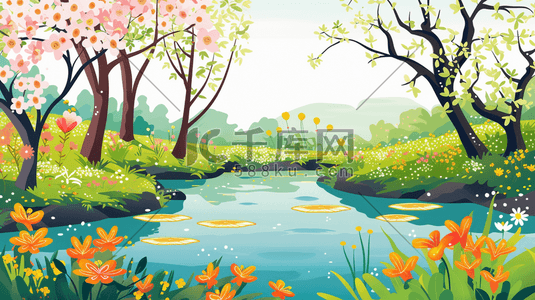 春天阳光蓝天白云下树木花朵河流的插画2