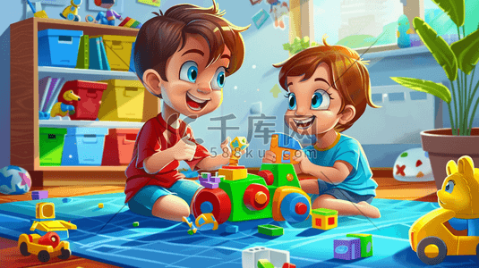 彩色卡通儿童一起玩玩具的插画12