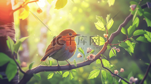 彩色春天景色里树木草坪有百灵鸟的插画3