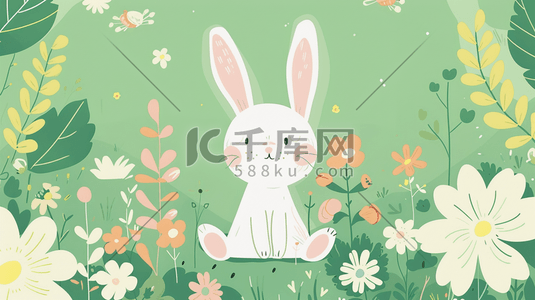 兔子简约插画图片_简约绿色平面设计花草动物的插画2