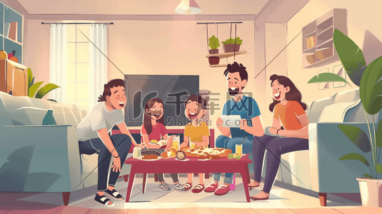 聊天app插画图片_彩色绘画卡通室内一家人开心聊天的插画2