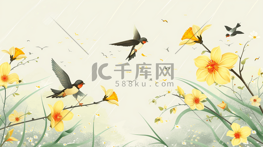 质感2插画图片_彩色春天绘画艺术花朵景色燕子的插画2