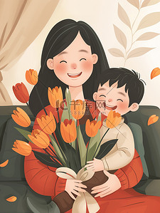 抱孩子插画图片_妈妈抱着一束鲜花和孩子插画