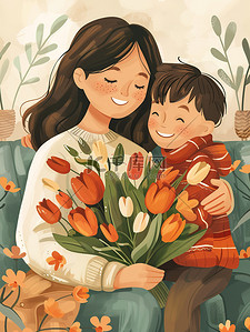 孩子和孩子插画图片_妈妈抱着一束鲜花和孩子插画素材