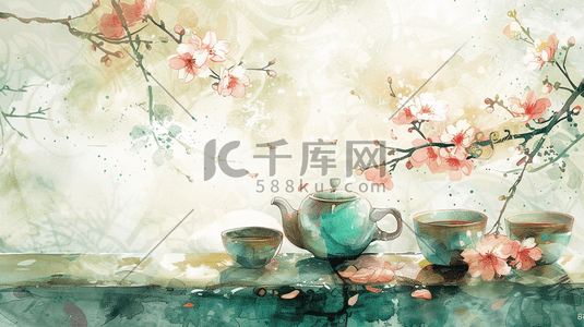 彩色国画艺术风格树枝茶壶的插画1