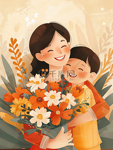 孩子和孩子插画图片_妈妈抱着一束鲜花和孩子图片