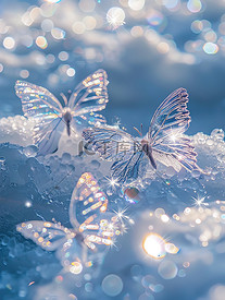 冰蓝色蝴蝶在干净的雪地上素材