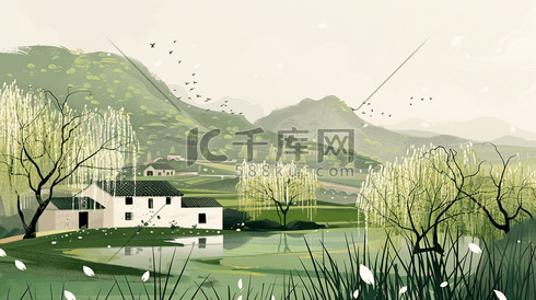 春天绿色江南风景风光河边树木的插画13