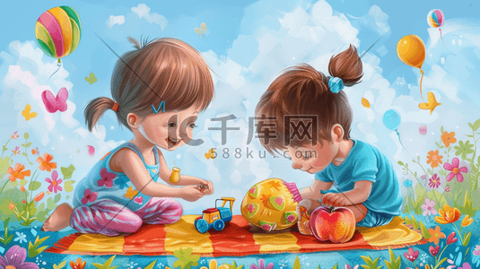 木马玩具插画图片_彩色卡通儿童一起玩玩具的插画9