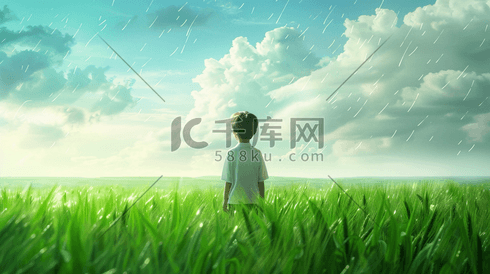 天空下雨季草丛里男孩背影的插画2