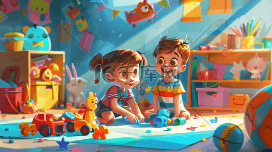 彩色卡通儿童一起玩玩具的插画11
