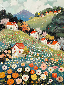 乡村的花和房子春天插画图片