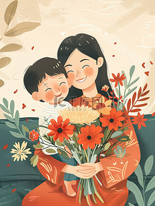 抱孩子插画图片_妈妈抱着一束鲜花和孩子插图