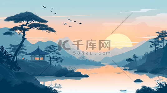 中式水墨意境山水插画图片_中国风山水风景插画-