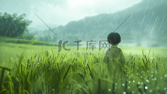 天空下雨季草丛里男孩背影的插画4