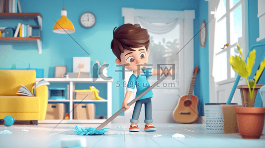 简约现代室内男孩猫咪打扫卫生的插画3