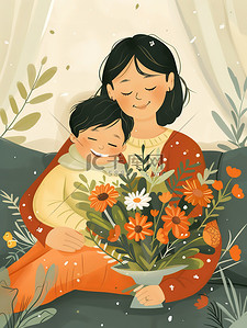 妈妈抱着一束鲜花和孩子素材