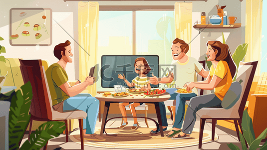 常用聊天表情插画图片_彩色绘画卡通室内一家人开心聊天的插画3