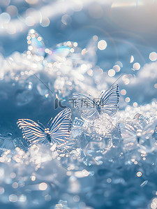冰天雪地风景图插画图片_冰蓝色蝴蝶在干净的雪地上原创插画