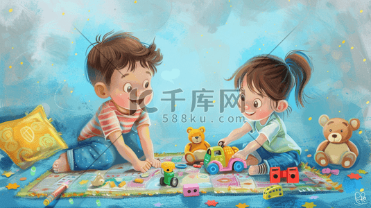 儿童画画插画图片_彩色卡通儿童一起玩玩具的插画2