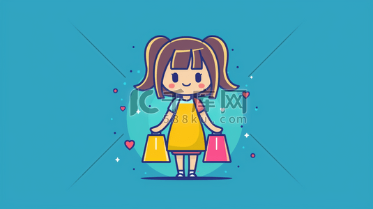 女孩购物插画图片_彩色绘画卡通女孩购物的插画1