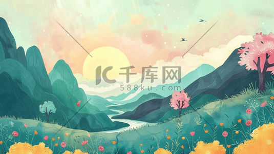 春季风景儿童画插画8