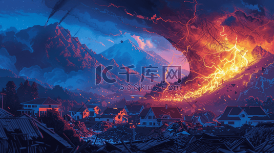 深色插画图片_深色手绘火山爆发房屋建筑废墟的插画17