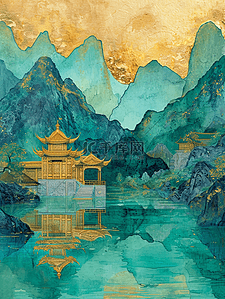 黄绿色插画图片_黄绿色国画艺术绘画山水风景的插画9