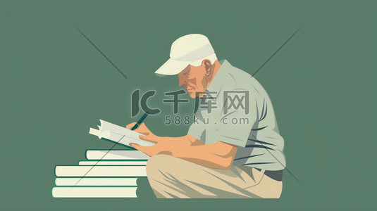 桌面书插画图片_绿色场景手绘外国工人工作看书的插画8