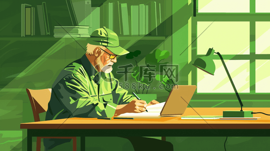 桌面书插画图片_绿色场景手绘外国工人工作看书的插画11