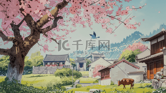 黄牛蟋蟀插画图片_美丽乡村田野风景插画1