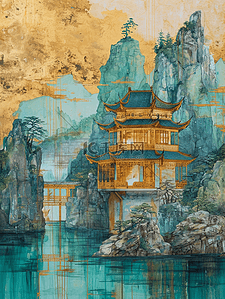 黄绿色国画艺术绘画山水风景的插画1