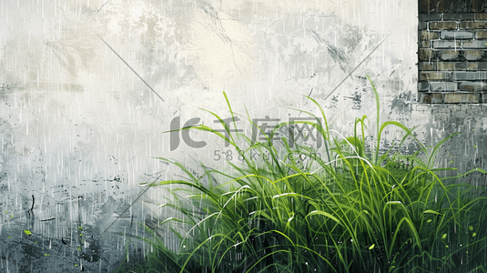 雨季下雨中式景区围墙外花草的插画14