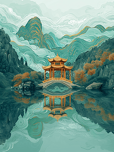 黄绿色小闹钟插画图片_黄绿色国画艺术绘画山水风景的插画7