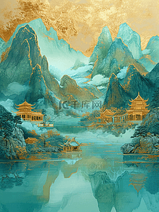 黄绿色国画艺术绘画山水风景的插画16