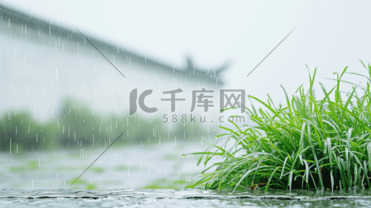 哑铃雨水插画图片_雨季下雨中式景区围墙外花草的插画1