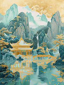 黄绿色国画艺术绘画山水风景的插画4